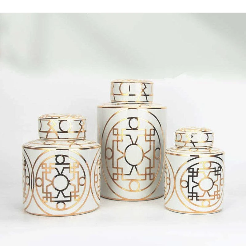 Gold Plated Textured Porcelain Storage Jar with Lids Tea Canister Geometric Lines Cylinder Ceramic Jars Caddy Candy Pots