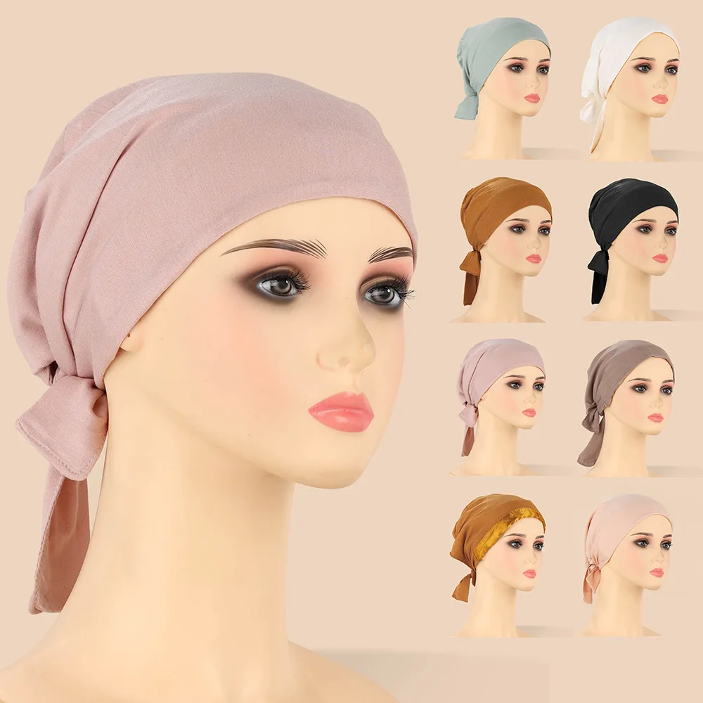 Satin Modal Cotton Solid Color Elastic Drawstring Underscarf Cap for Women,Adjustable Stretchy Breathable Muslim Hijab Head Wrap