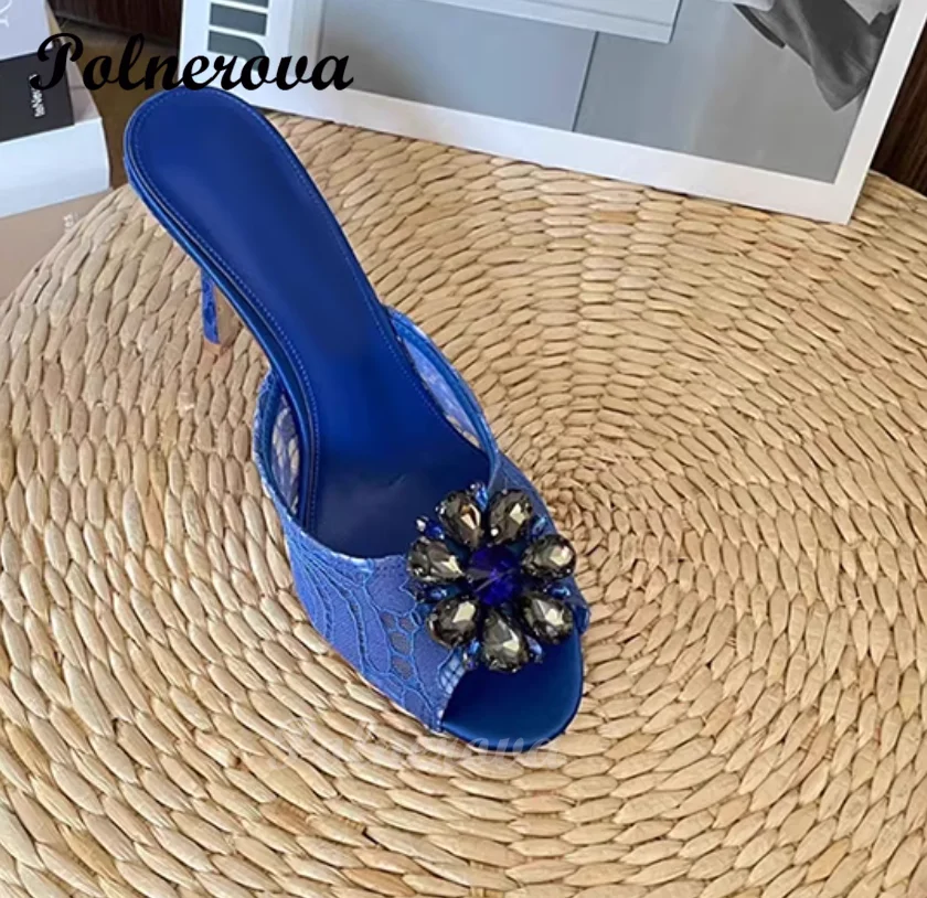 

Lace Rhinestone Stiletto Slippers Round Toe Open Toe High Heels Wedding Shoes Crystal Flower Work Shoes Women's Shoes
