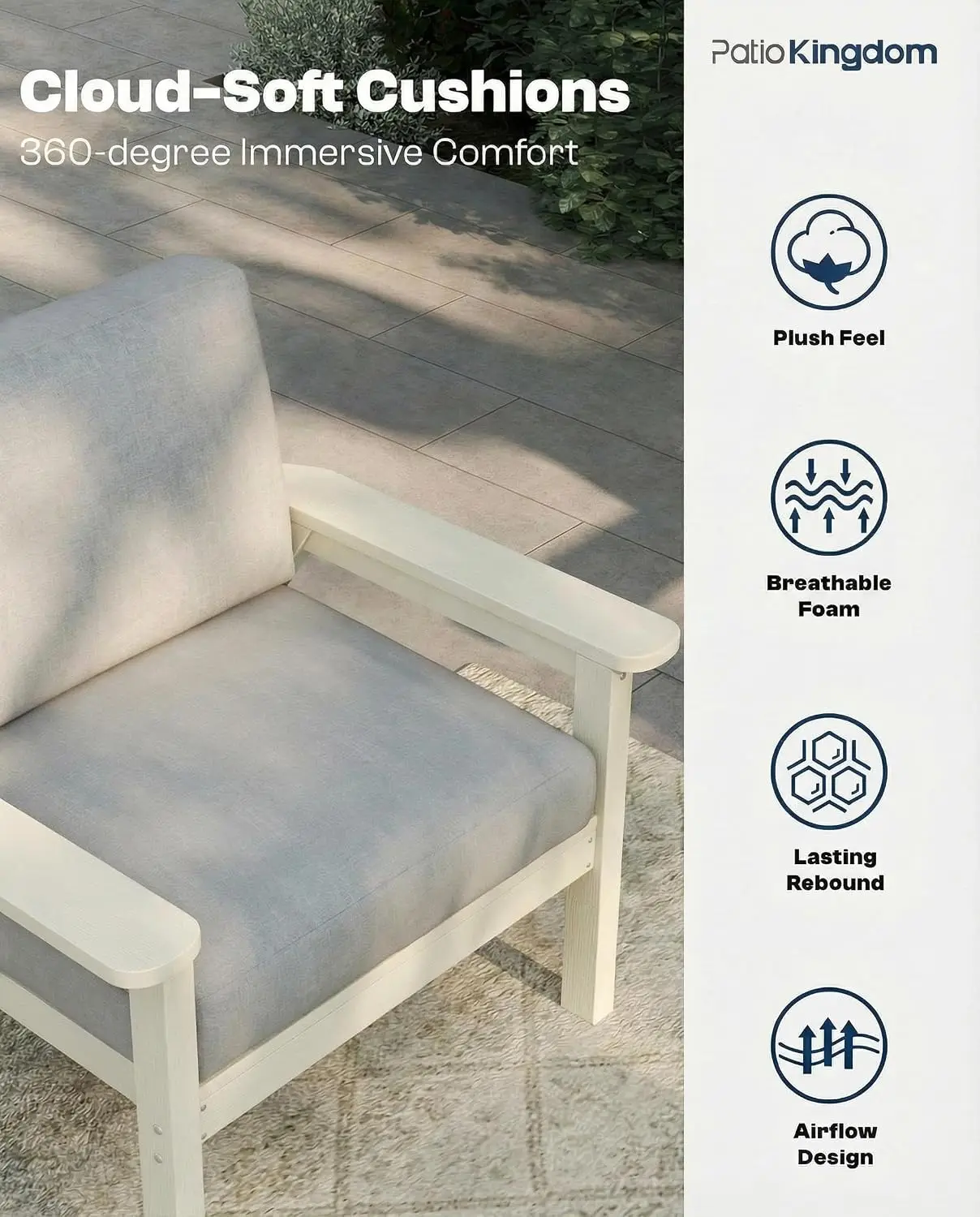 HDPE Patio Sectional 3-Seat with Thick Cushions, Coffee & Side Table for Lawn Garden Porch, White Frame, Customized
