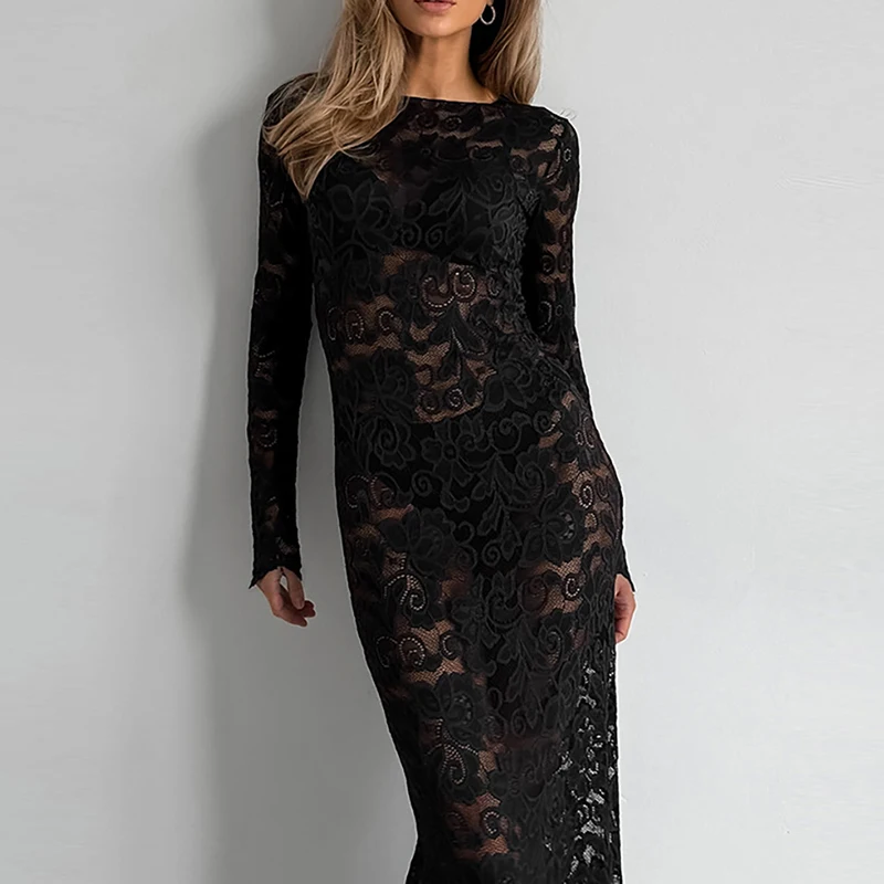 Schwarze Stickerei Spitze hohl langes Kleid Frauen sexy o Hals Jacquard Party kleid Frühling Herbst Langarm schlanke figur betonte Hüften Kleider