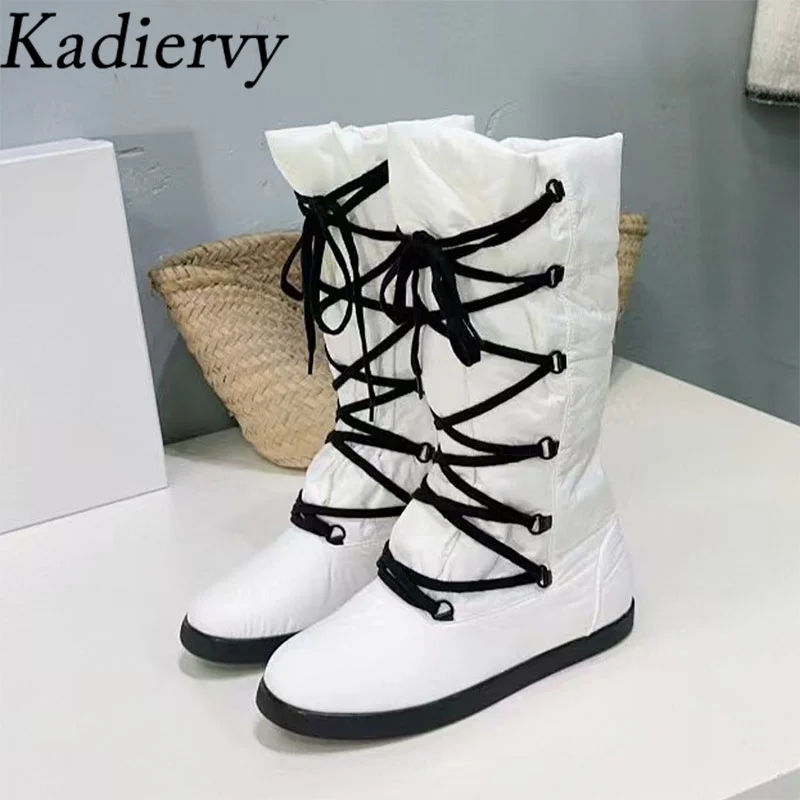 Botas de nieve planas para mujer, zapatos largos de punta redonda con cordones cruzados, impermeables, de tela de nailon, hasta la rodilla, Invierno