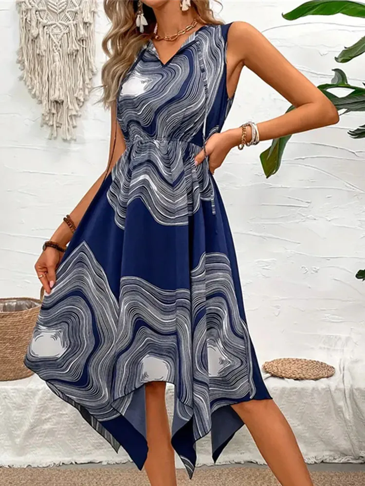 Sommer ärmellose Frauen Kleid Boho Print unregelmäßigen Saum Chiffon elegante Party Midi Tank Kleider für Frau lässig Vestidos