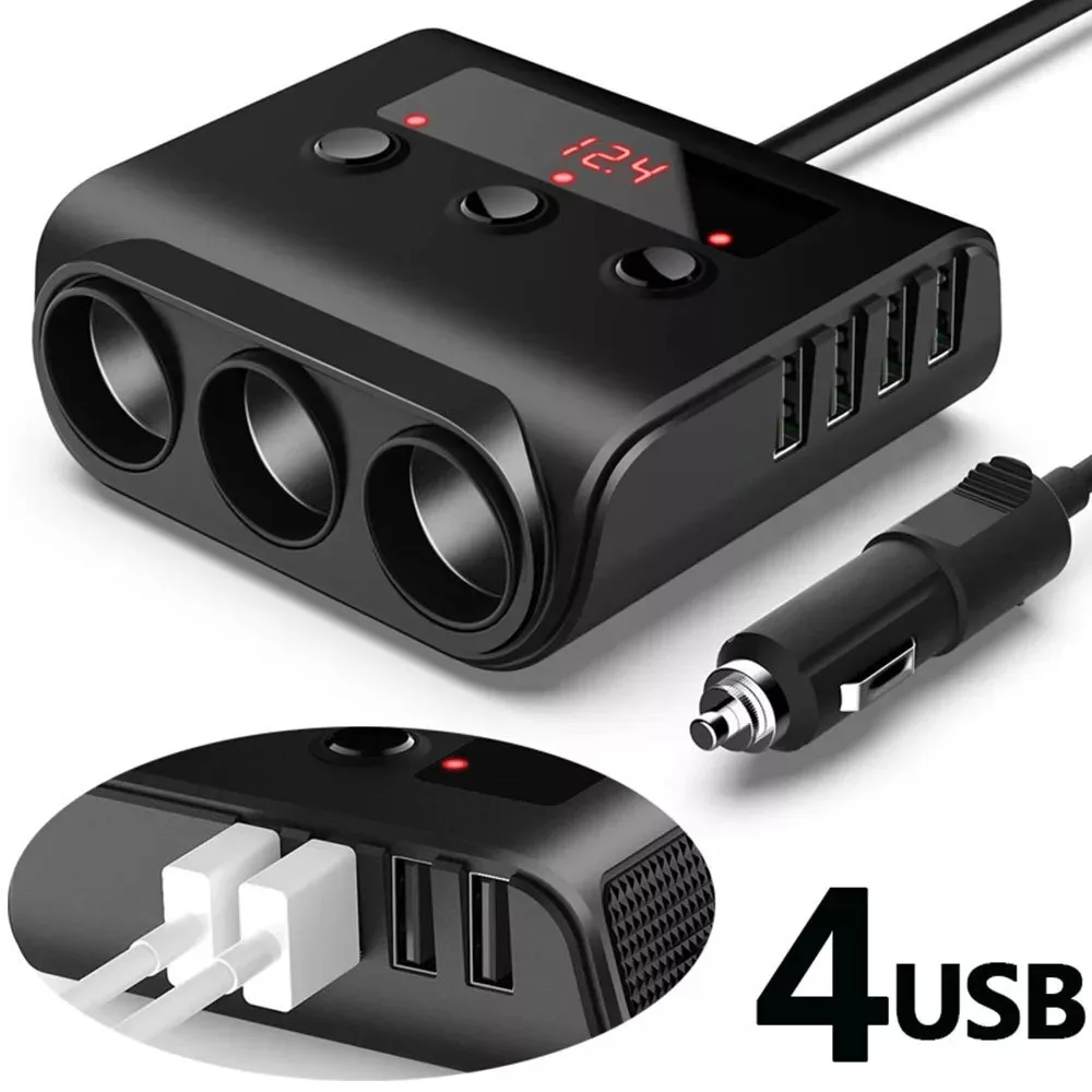 New 3 Way Car Cigarette Lighter 100W 4 Ports USB Charger Car Charger Adapter GPS Mobile Phone 12-24V Car Accessories