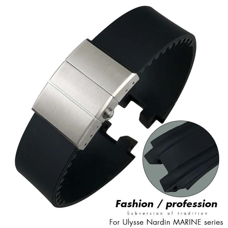 26mm x 20mm Black Blue Waterproof Silicone Rubber Watchband for Ulysse Nardin Blast Folding Buckle Watch Strap