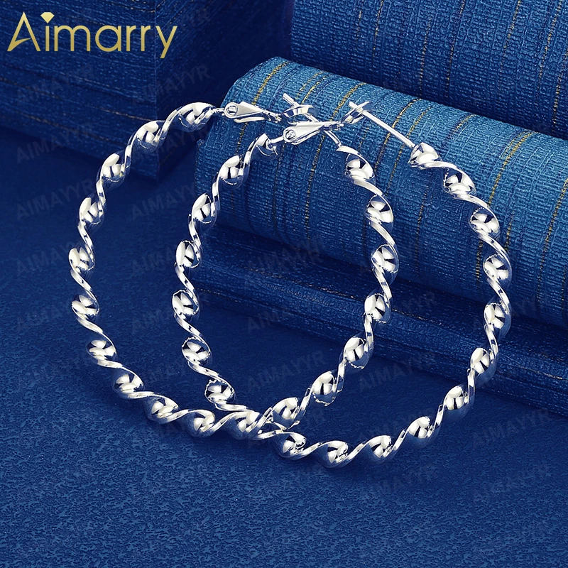 925 Sterling Silver 50mm Twisted Wave Large Circle Earrings for Women's Parties and Banquets High-quality Fashion Jewelry