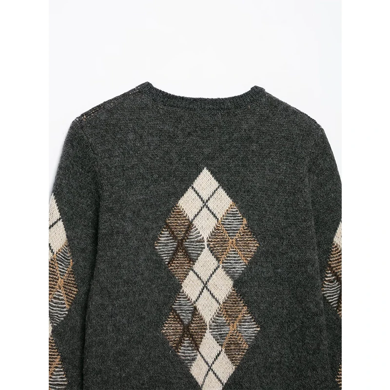 Autumn Women Argyle Knit Cardigan Round Neck  Long Sleeve Retro Casual Sweater Coat view 5