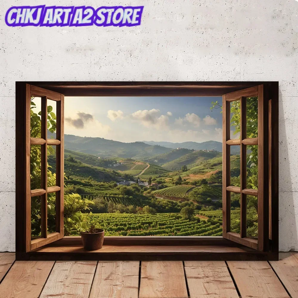 Open Window with Tuscany View Farmland Rural Fields From The Window Canvas Painting Poster Print Home Room Wall Art Frameless