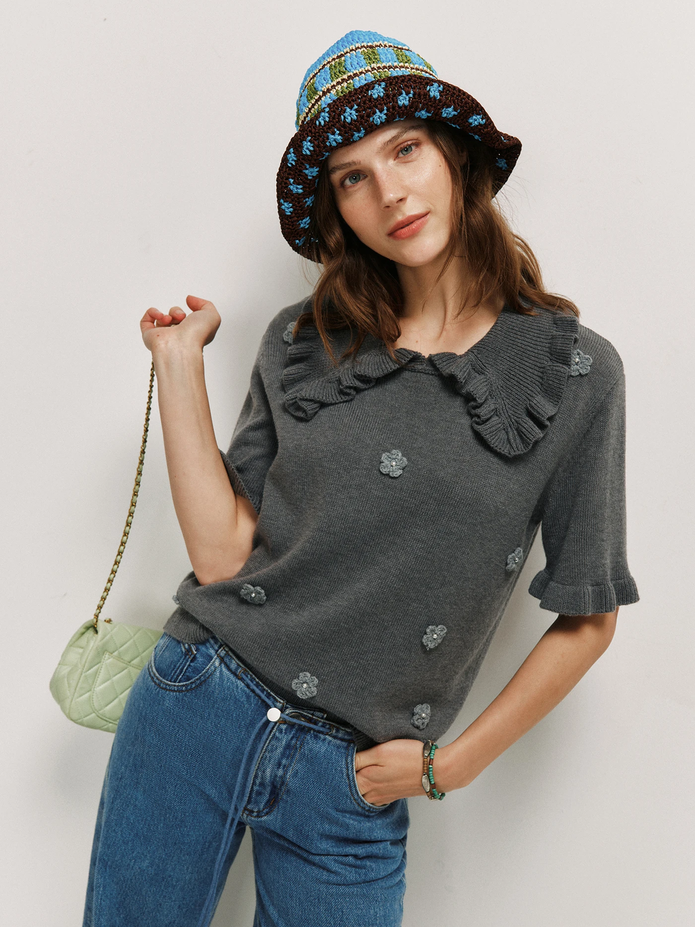 

Handmade Wool Blend Knitted Top Women's Casual Sle Doll Collar Decorated Sweater Breathable ort Sve Plant Floral Pattern