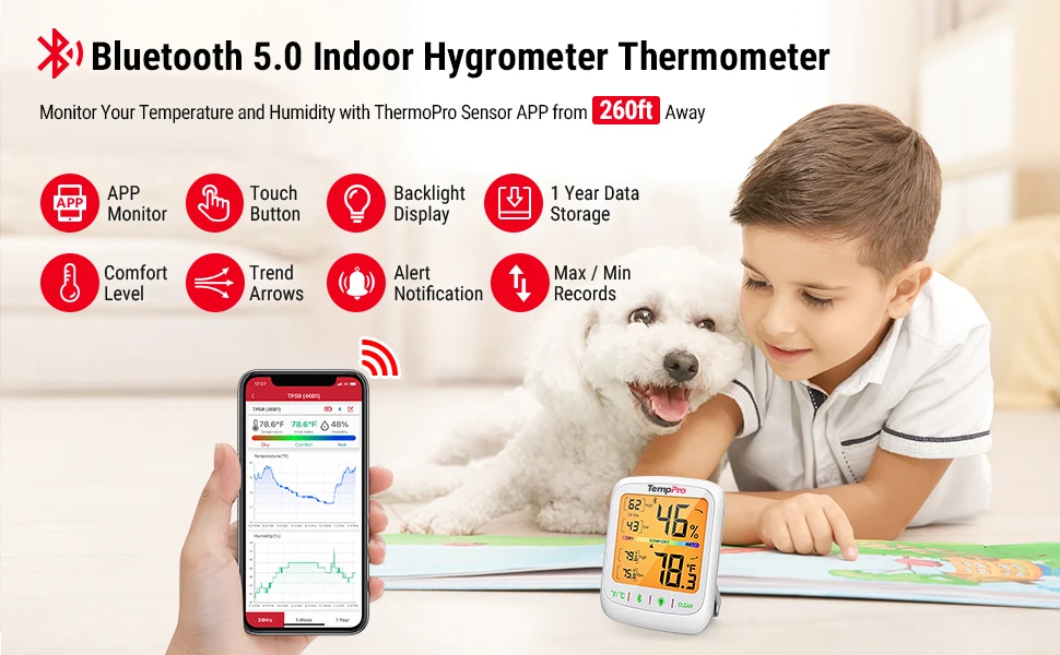 TempPro TP359 Kabelloser 80M Bluetooth-verbundener Smartphone-App-gesteuerter Digitaler Innenraum-Thermometer Hygrometer mit Datengeschichte – Detail 1