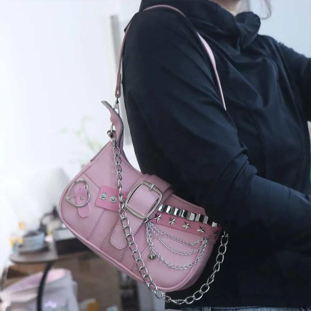 

Sweet Punk Y2k Underarm Bag Love Heart Pu Leather Shoulder Bag Korean Style Chain Women's Handbag Spicy Girls