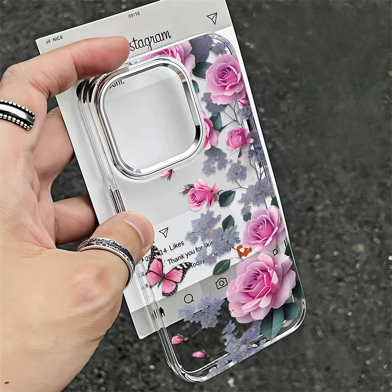 Shockproof Clear Acrylic Phone Case For iPhone 17 Air 16 16e 14 7 8 Plus 12 13 11 15 Pro Max XR XS Flower Pattern Soft Cover
