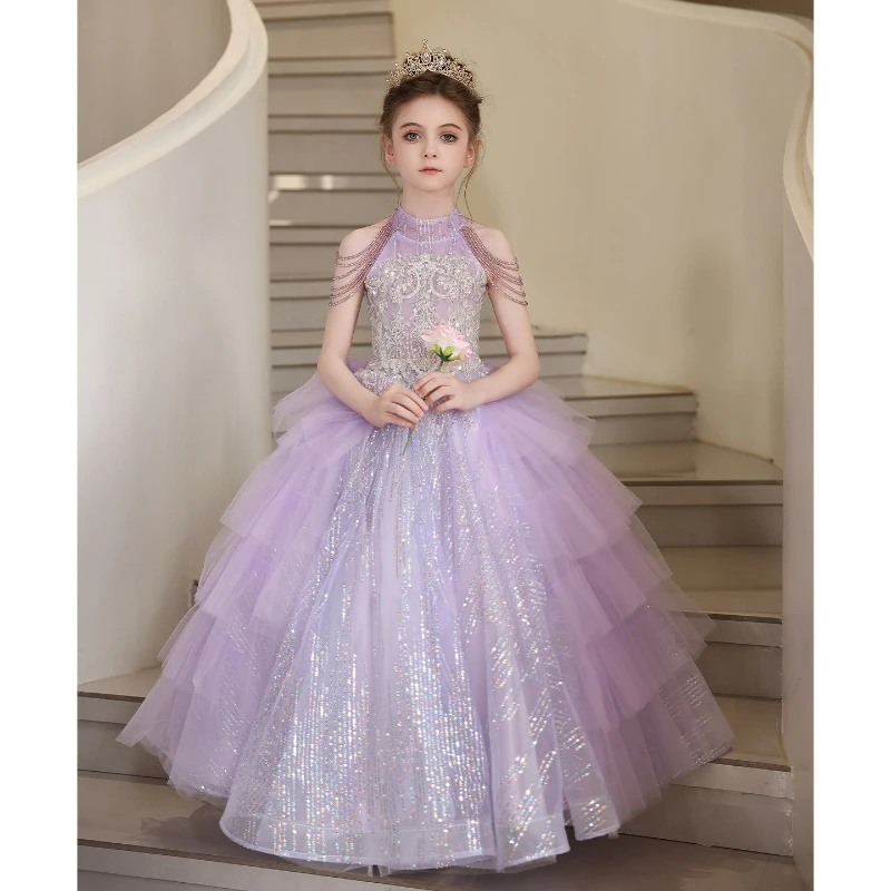 2026 Purple Kids Formal Girls Princess Gown Children Piano Performance Elegant Host Dress Wedding Flower Girl Evening Costume
