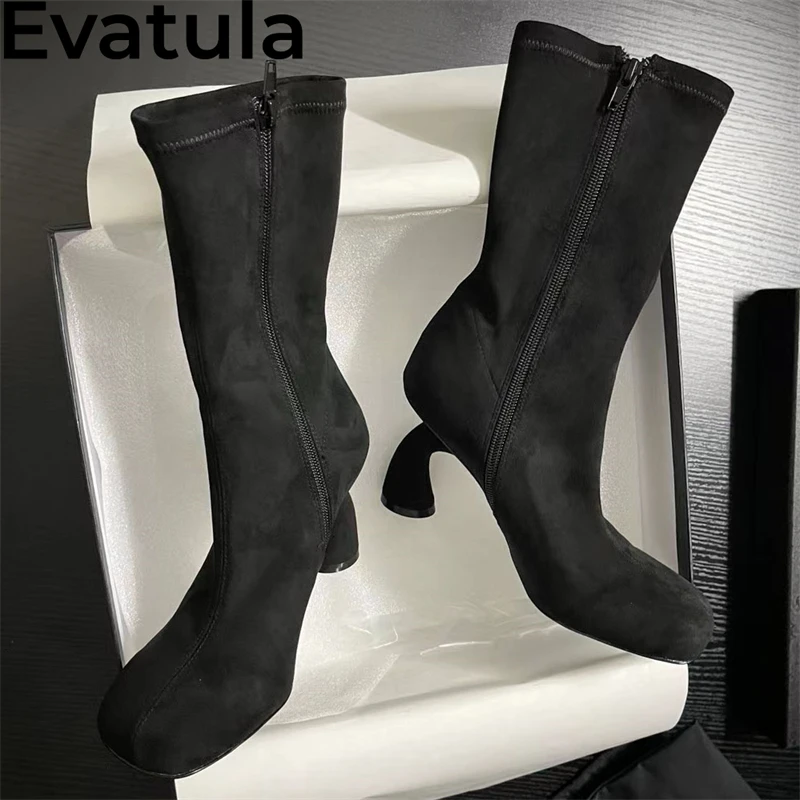 2024 Autumn Strange High Heels Mid-Calf Boots For Women Real Leather Side Zipper Short Boots Fashion Slim Elastic Boots Female