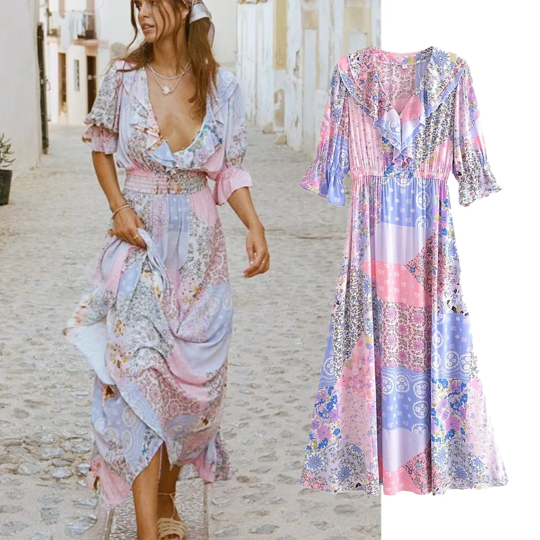 

Jenny&Dave Bohemian Style Cotton Cascading Beach Summer Dress Women Indie Folk Floral Printing Maxi Dress