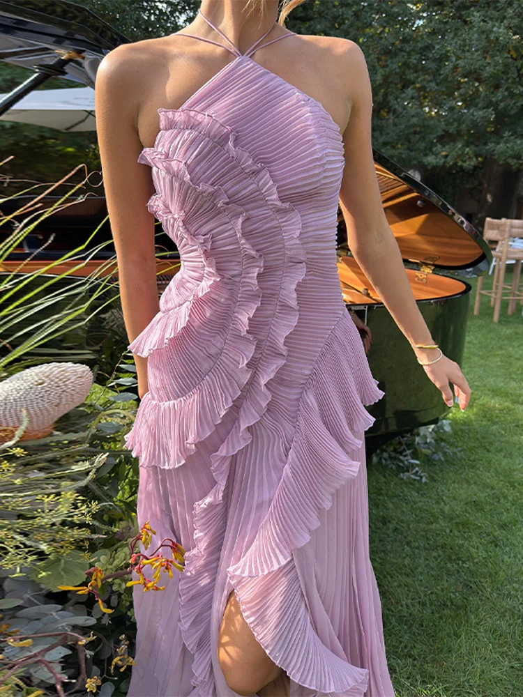 Elegante paarse halter A-lijn galajurken ruches gelaagde rugloze feestjurk zomervakantie chiffon lange avondjurk - afbeelding 2