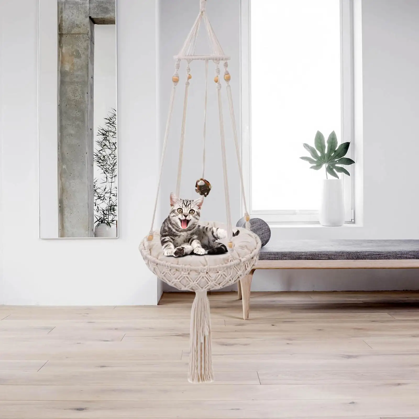 

Cat Hammock Handwoven Bohemian Swing Bed with Cushion Hanging Perch Winter Blanket Toy for Basking Home Bedroom Decoration