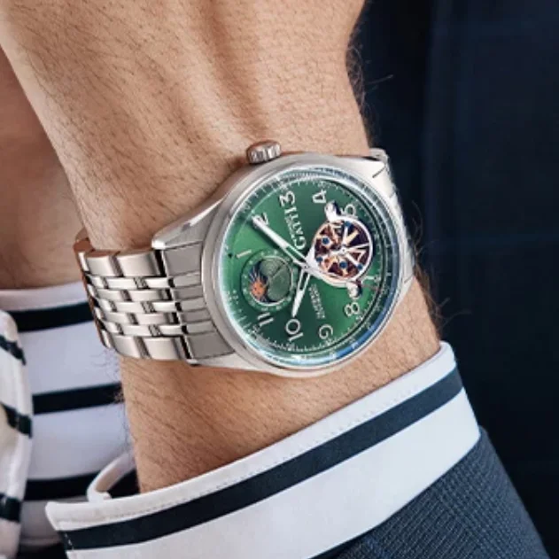 BONEST GATTI Men Automatic Watch 42mm Mechanical Wristwatch Waterproof Sapphire Mirror Luminous 24 Hours Skeleton Sun-Moon Dial