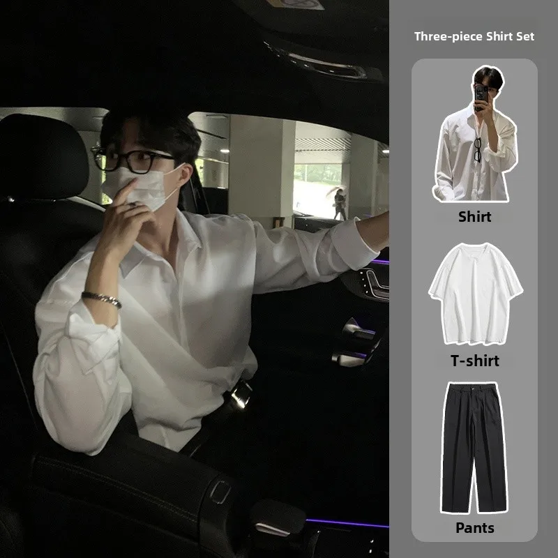 

Мужской комплект из футболки и шорт Briti Sle Ice Silk, белый, повседневный, городской стиль, свободный крой, летний, с длинным рукавом, с отложным воротником