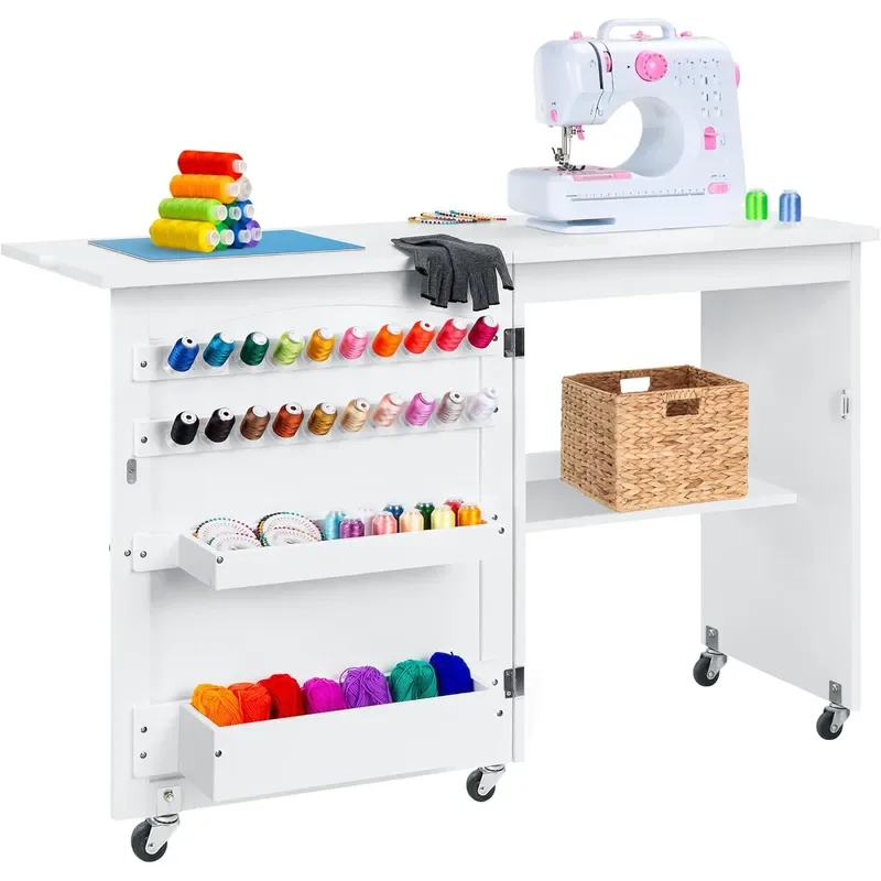 Folding Sewing Table Multipurpose Craft Station Side Desk with Compact Design Wheels Shelves Storage Trays Pegs Magnetic