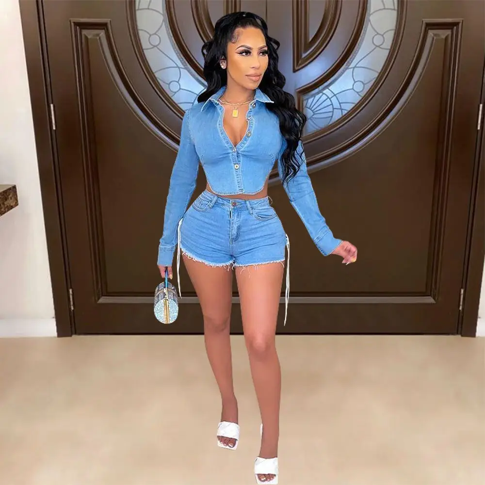 Setelan kasual Denim warna Solid baru wanita atasan kemeja berongga Halter seksi & setelan celana pendek Denim