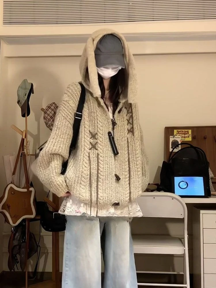 

Осень-зима Y2K Harajuku винтажный свободный кардиган с капюшоном женский милый кавайный однотонный пальто женская одежда повседневная модная куртка новая