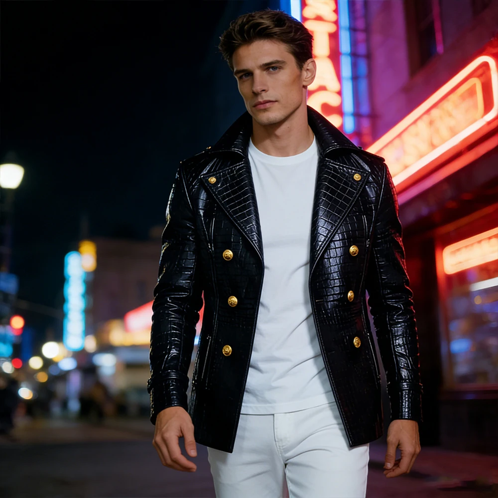 

Men's Crocodile Embossed Leather Blazer Double Breasted Trench Coat Wide Lapel Gold Button Slim Fit Jacket For Four Season