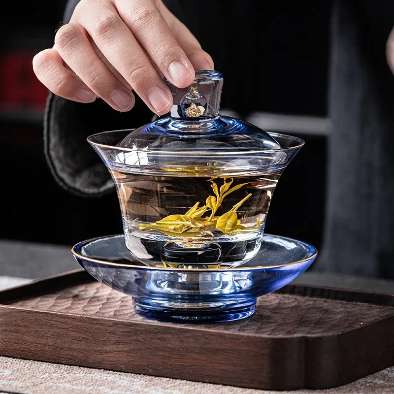 

2 Color Transparent Chinese Glass Gaiwan For Tea Green Tureen With Lid Golden Teaware Kung Fu Tea Set Cup Bowls Blue Chawan