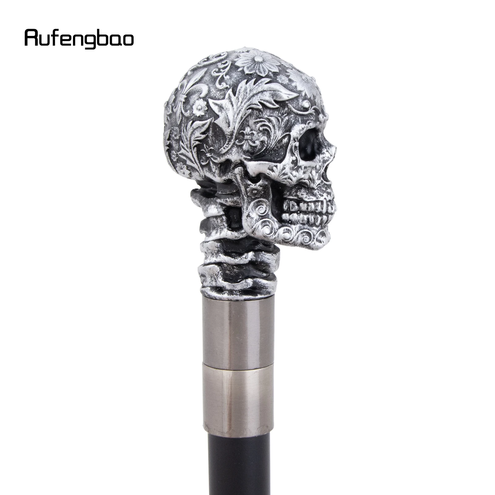 Silver Resin Rose Flower Skull Head Cane Decorative Cospaly Cane Halloween Mace Wand Crosier Performance Stage Cane 94cm