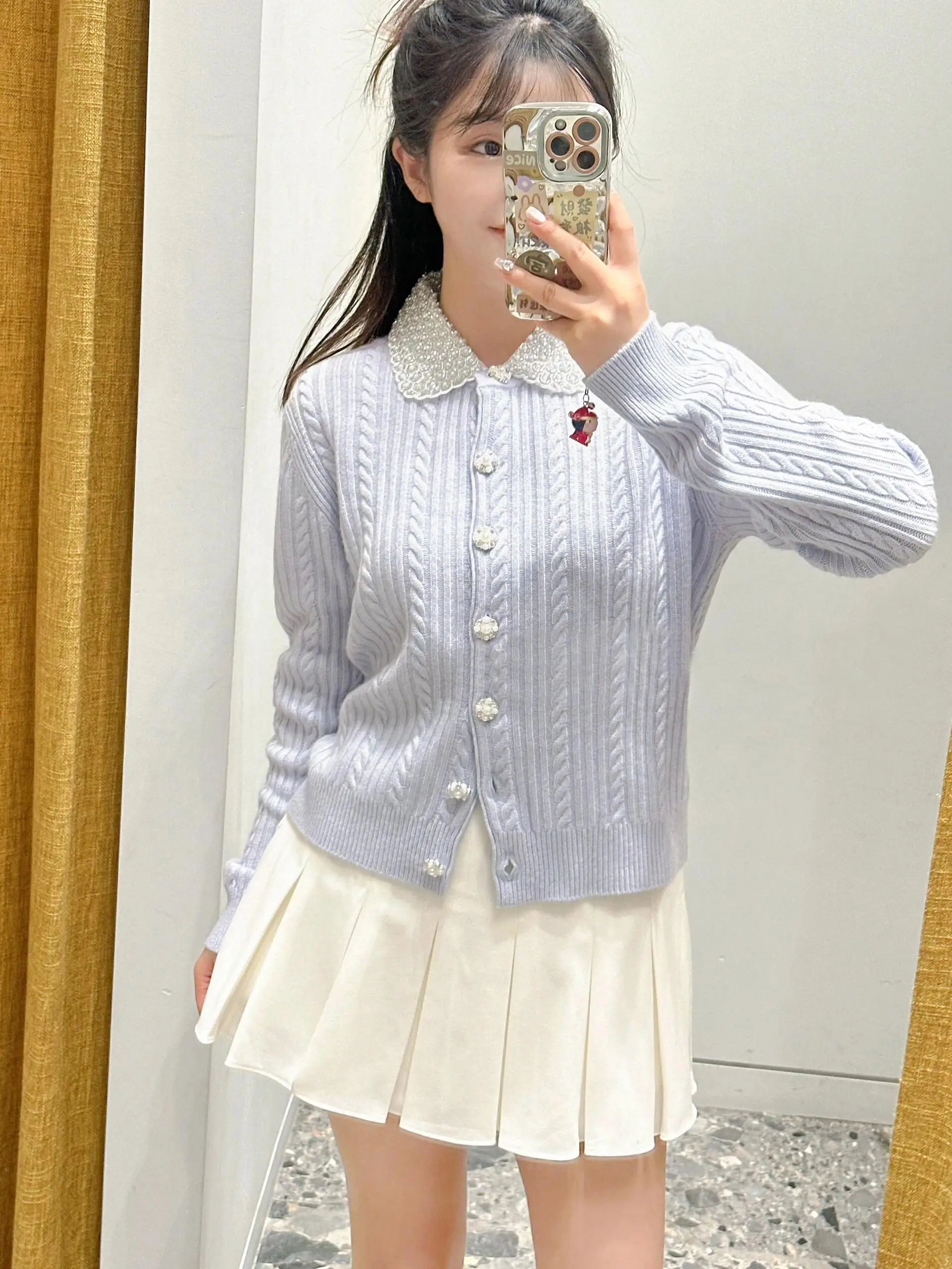 Maje Migi – manteau Cardigan tricoté pour femme, col rabattu, orné de perles, vêtements d'extérieur d'hiver, Ele Commute Sle, coupe régulière