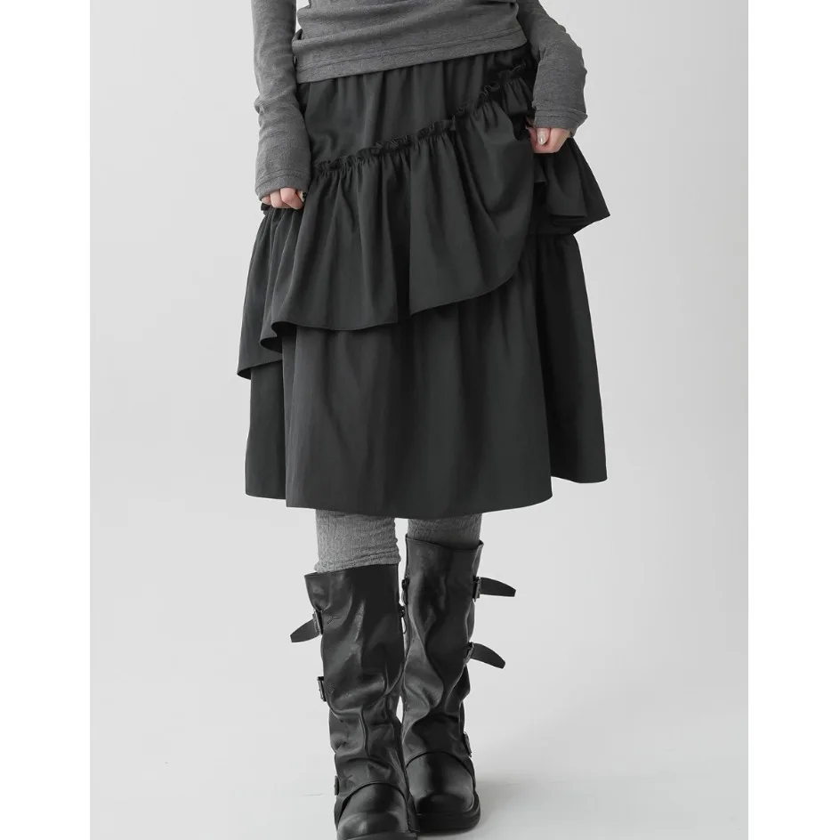 Pure Color Japanese Style Ruffle Hem Maxi Skirt Sweet Folded Low Waist Ladies Casual Other Material A-Line Skirt