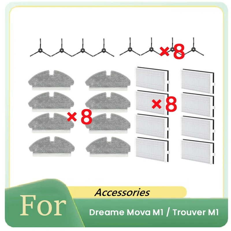 24 Pcs For Dreame Mova M1 / Trouver M1 Sweeper Accessories Side Brush Filter Rag Dust Bag Cleaner Parts Replacement