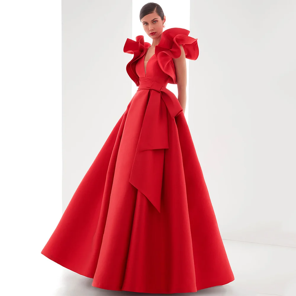 

Red Evening Dresses for Women 2025 Satin Deep V Neck Ruffle Luxury Evening Gowns Long A Line Ruched Sleeveless Formal Party Gown