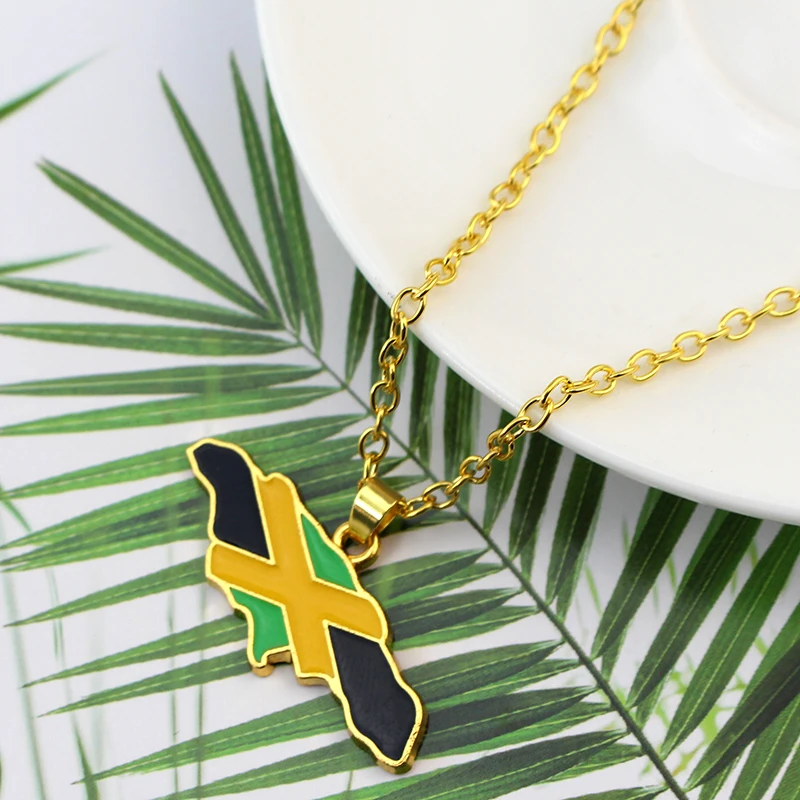 Jamaica Map and National Flag Pendant Necklaces Gold Color Jewelry Jamaican Maps Accessories