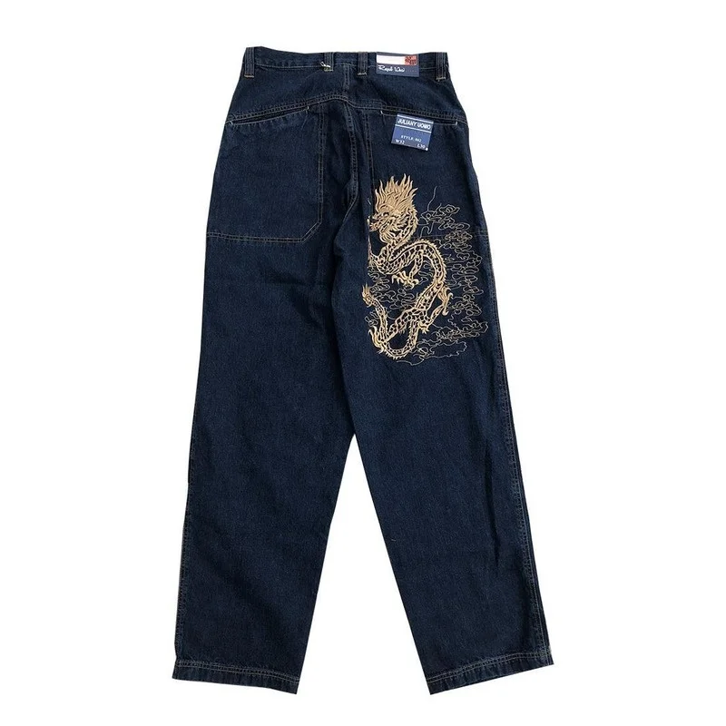 Jeans Womens Chinese Dragon Embroidery High Waist Pants New Fashion Casual Punk Retro Loose Daddy Mopping Trousers Streetwear