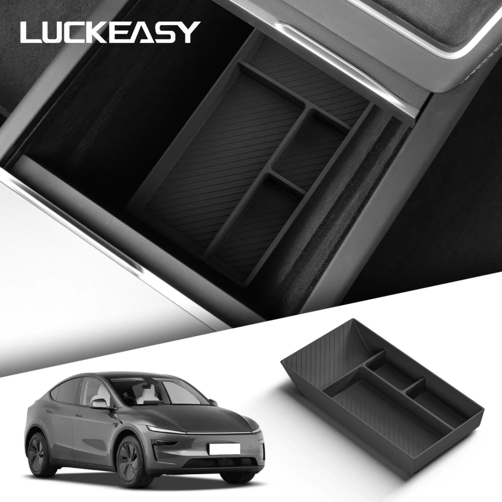 LUCKEASY für Tesla Model Y Juniper/Y Standard 2025 2026 Mittelkonsole Untere Aufbewahrungsbox Silikon Auto-Organizer Ablagefach