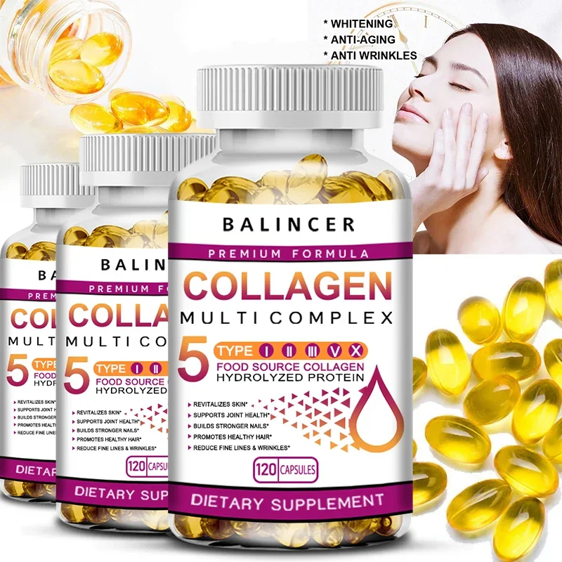 Suplemento dietético de colágeno, un producto sanitario para la piel de las mujeres que apoya una piel sana, el cabello, las uñas y los antioxidantes.