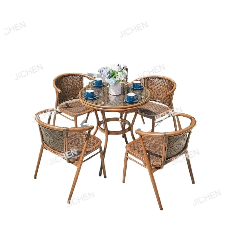 

Popular Hand-woven Furniture PE Rattan Chairs and Round Table Beach Use Coffee Table Set
