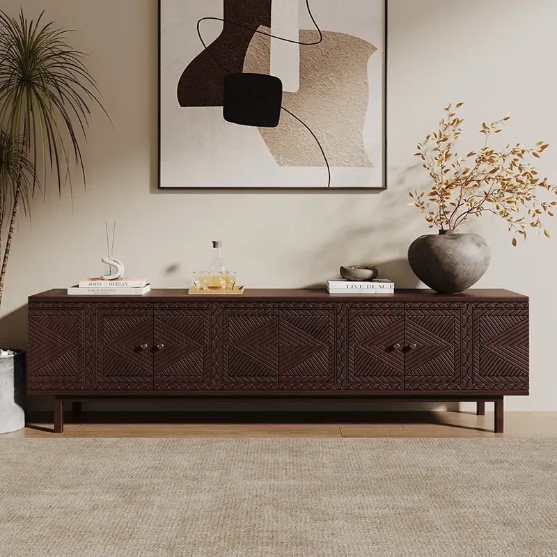 Medieval Solid Wood Engraved TV Stand Low Storage Cabinet for Small Apartment Living Room Bedroom Audio Visual Console