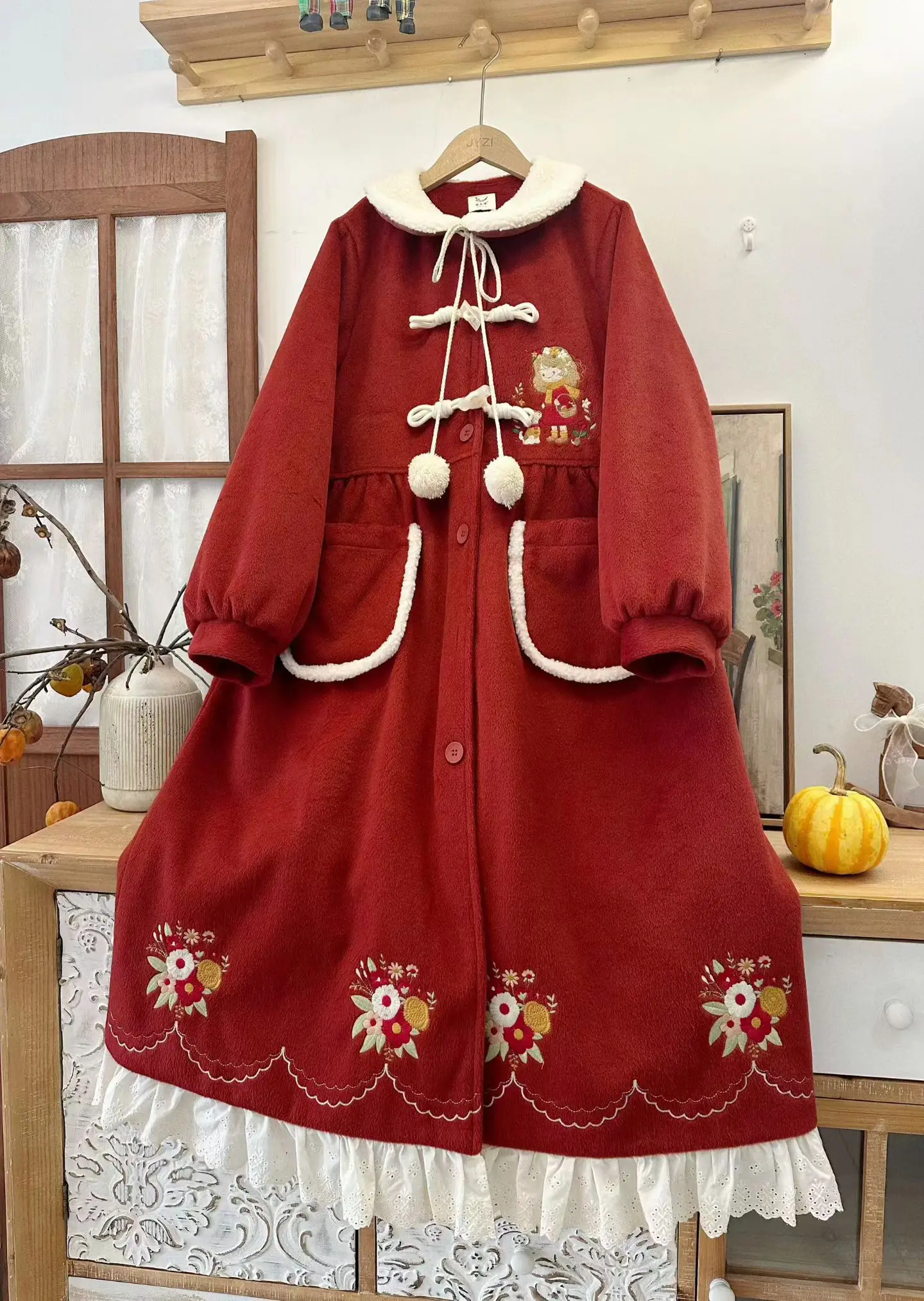 موري فتاة Cla لوليتا ملابس خارجية طويلة الخريف الشتاء المرأة الجديدة فضفاضة ضئيلة الحلو التطريز معطف ثقيل معطف الصوف سترة #4