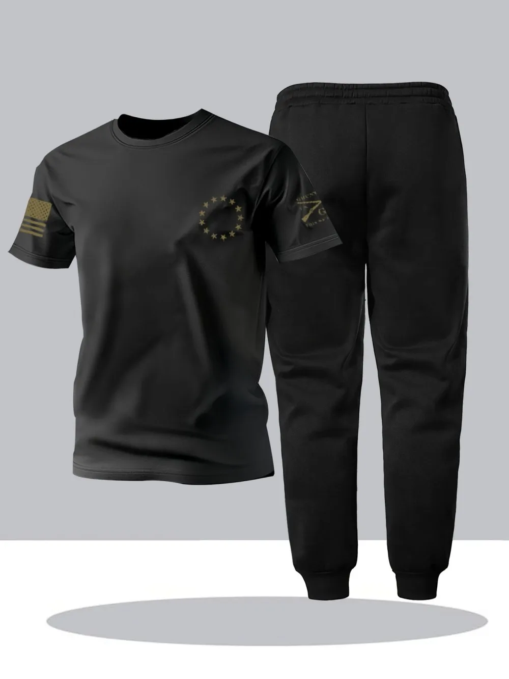 Men's Summer American New 76 Printed Breathable Micro Elastic Round Neck T-shirt Pants Set Outdoor Casual Fashion