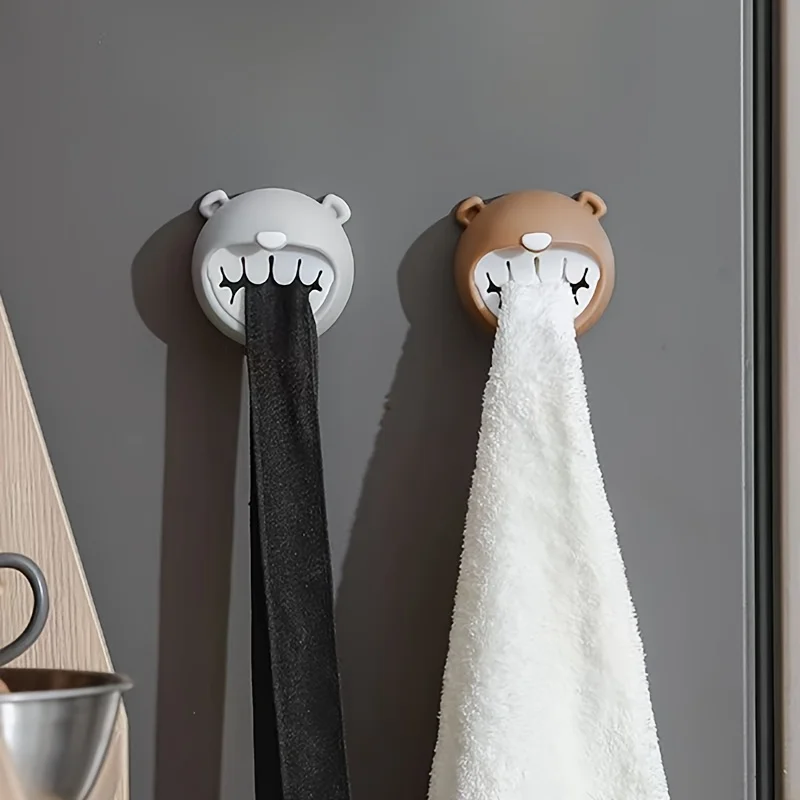 2PCS  Wall-Mounted Cartoon Bear Towel Hooks, No-Drill Adhesive Kitchen Bathroom Towel Rack, Practical Holder
