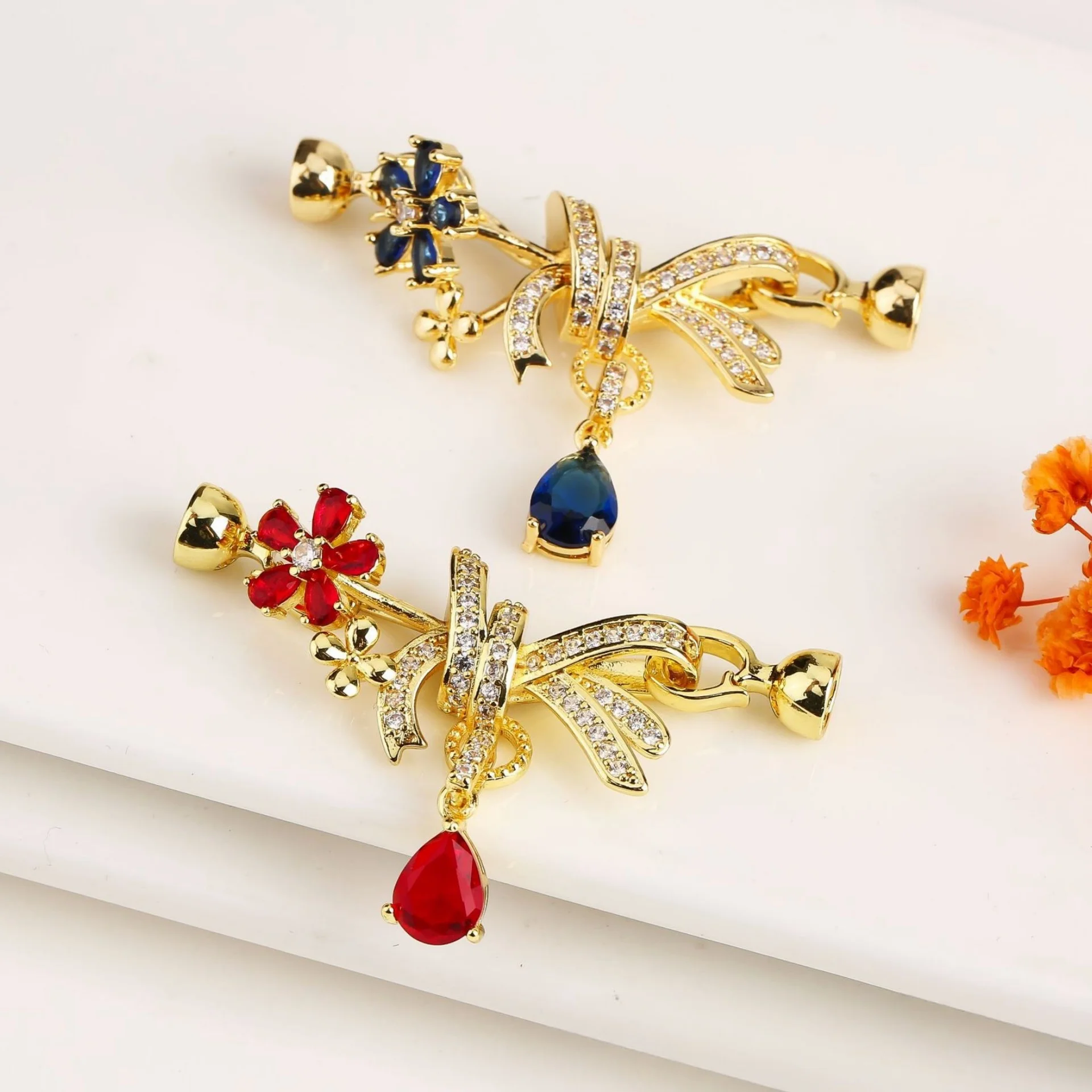 18K Gold-Plated Brass Jewellery Connector Cubic Zircon Ribbon Fastening Lock Deluxe DIY Necklace and Bracelet Making Accessories