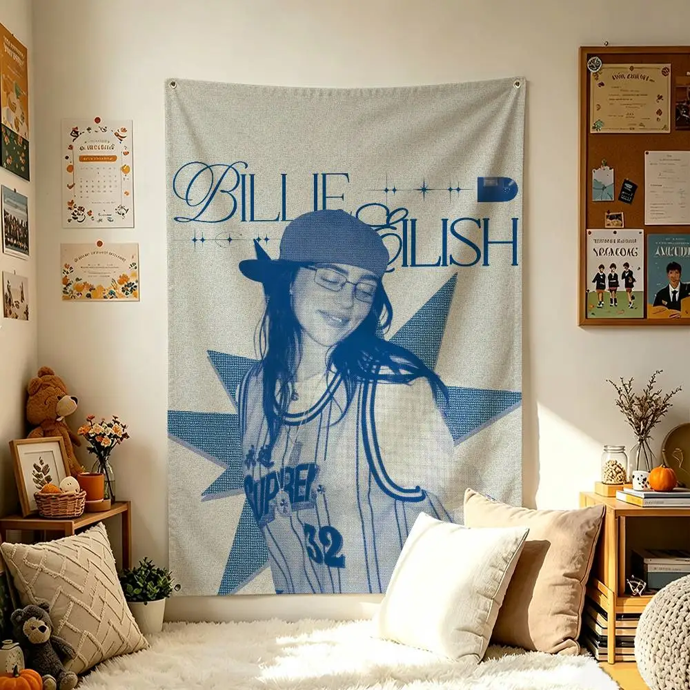 B-Billie Eilish Deep Blue Aesthetic Home Decor Vertical Flag Indoor Outdoor Hanging Decor for Bedroom Background Tapestry Wall