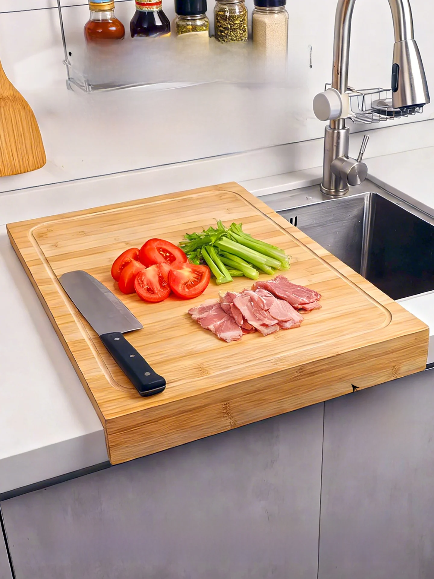 

Большая бамбуковая кухонная разделочная доска двусторонняя, с подставкой для мытья посуды и защитой от скольжения, для семейного использования