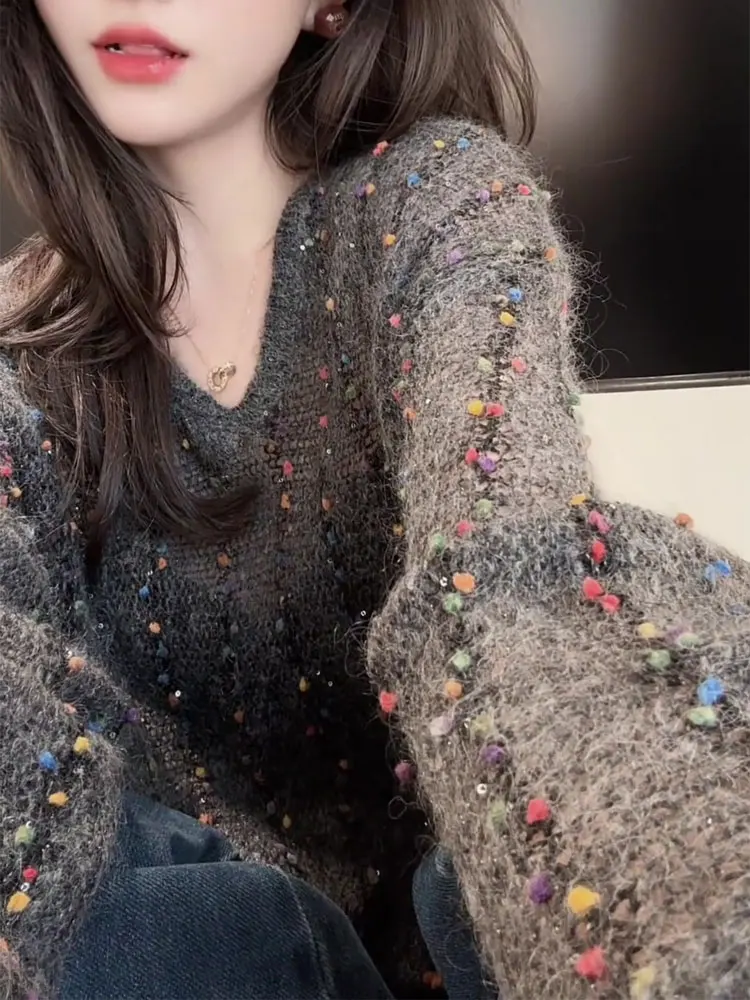 

Autumn Winter Women's Loose V-Ne Knitted Sweater iny Sequin Soft Cozy Long Sve Top Trendy Commute Sle Regular Thin
