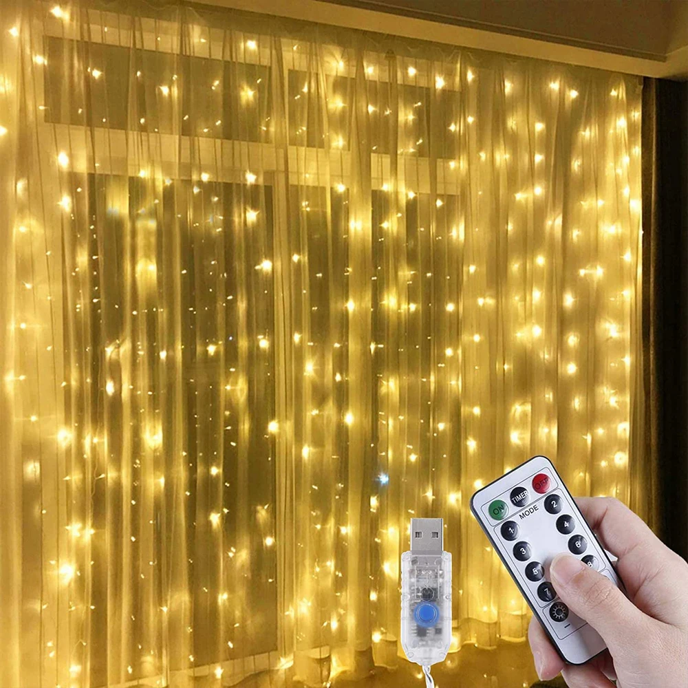 LED Curtain Lights Bedroom Lights 3*3M USB Fairy String 8 Mode Remote Garland Wedding Home Bedroom Decoration Lighting