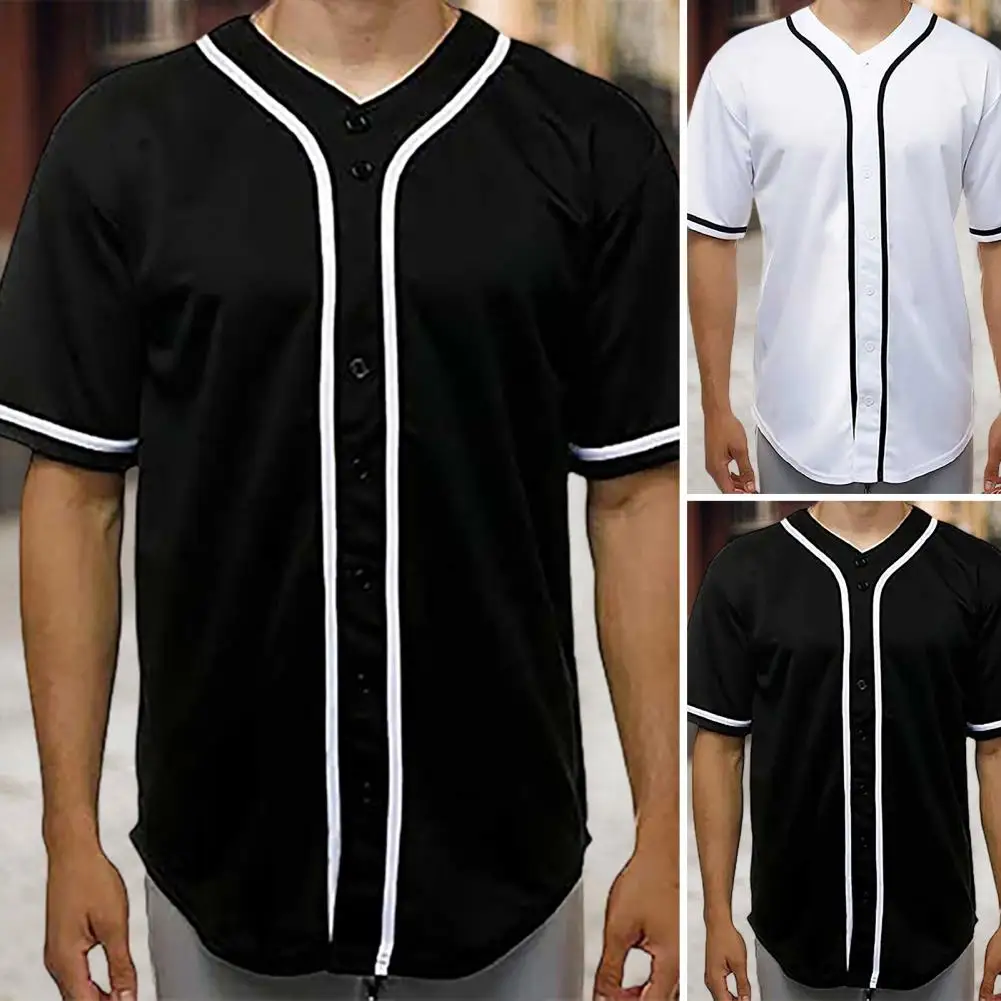 Men Summer T-shirt Pullover Short Sleeves Color Matching Men Top Buttons Single-breasted Loose Mid Length Men Baseball Uniform