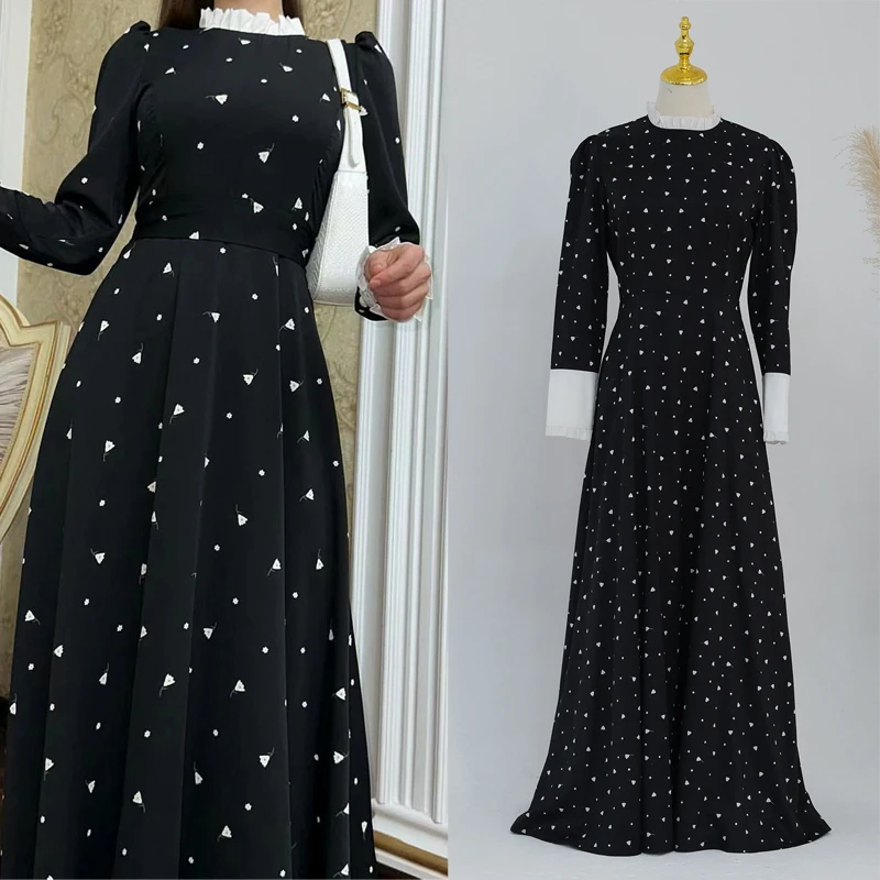 Vestidos muçulmanos com estampa floral para mulheres, manga longa, cintura alta, roupas islâmicas elegantes, Eid feminino, Ramadan, primavera de 2021