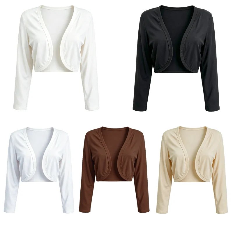 Damen-Bolero mit langen Ärmeln und offenem Vorderteil, kurze Strickjacke, leichte Strickbluse, kurze Jacke, weiches Oberteil, dehnbares Oberbekleidungsstück. – Detail 3
